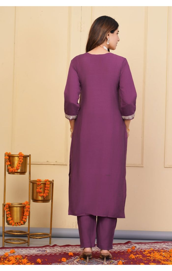  Plum Purple Embroidered Chanderi Kurta Set with Dupatta – Festive & Wedding Wear Ethnic Outfit