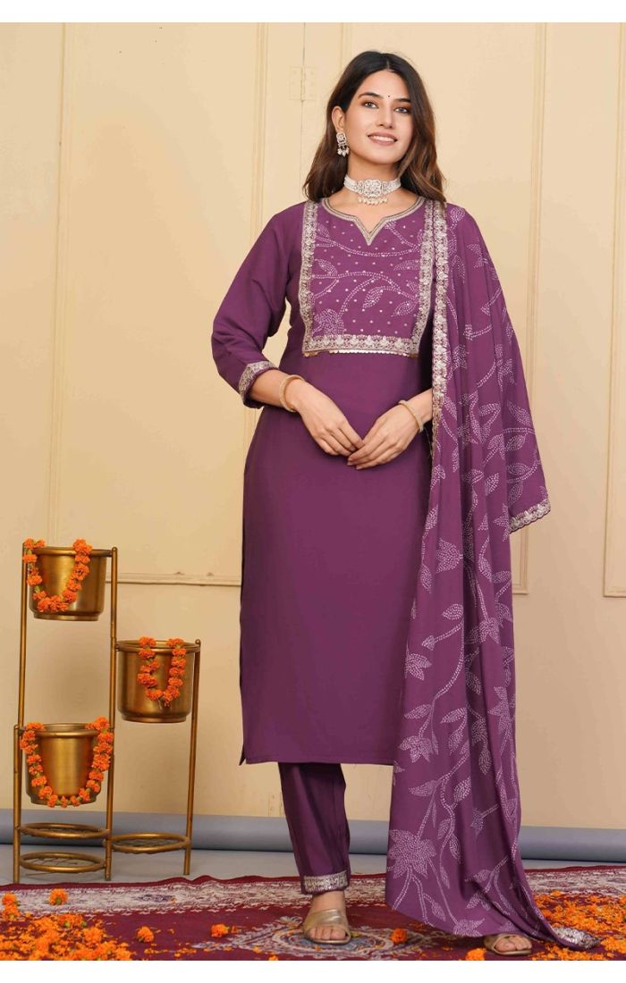  Plum Purple Embroidered Chanderi Kurta Set with Dupatta – Festive & Wedding Wear Ethnic Outfit