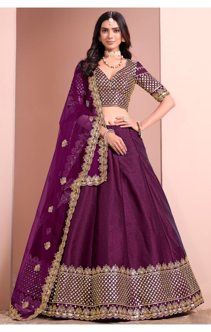 Plum premium silk satin lehenga choli set full view — Appelle Fashion
