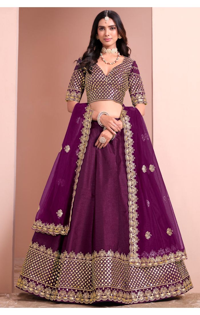 Plum premium silk satin lehenga choli set full view — Appelle Fashion