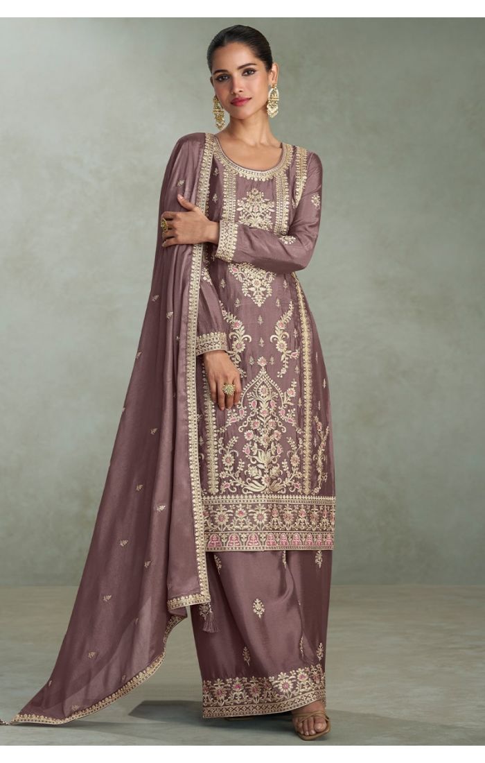 Premium Chinon Silk Salwar Kameez in [Color] with Zari Embroidery – Front View