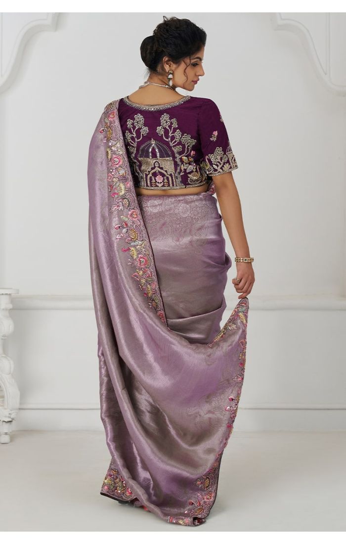 Back View of Mauve Silk Saree with Sequins Beads Work
