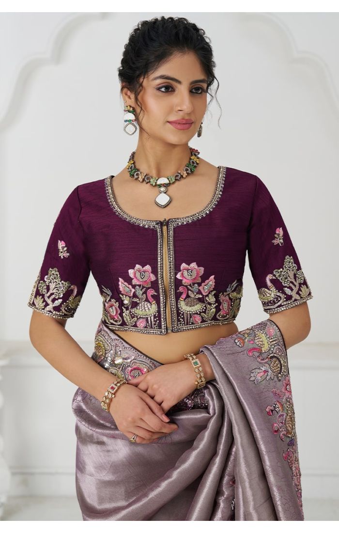  Detailed Embroidery on Mauve Silk Saree