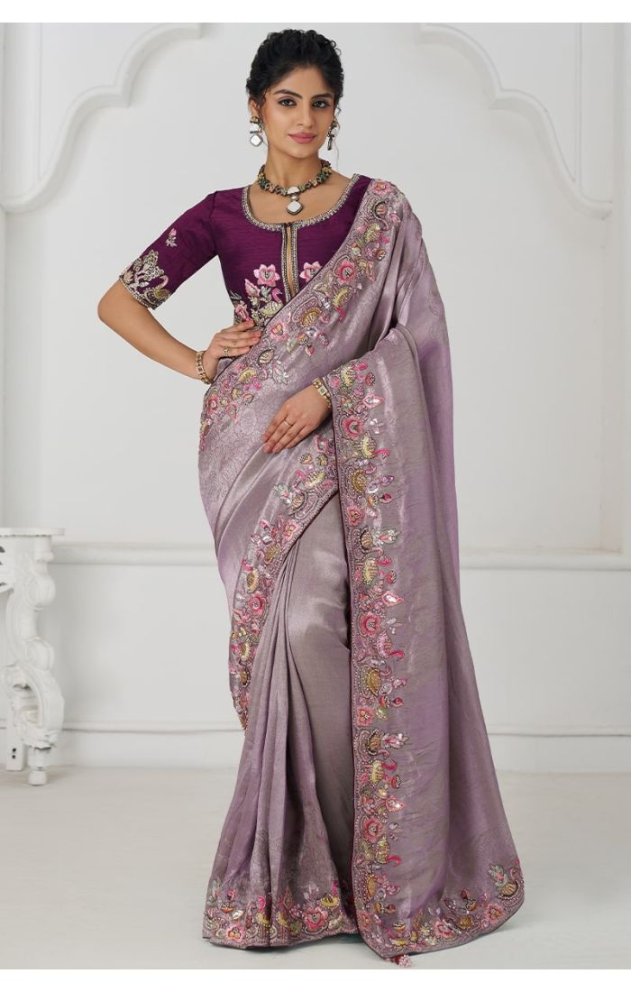 Front View of Mauve Pure Dola Viscose Silk Saree with Embroidery
