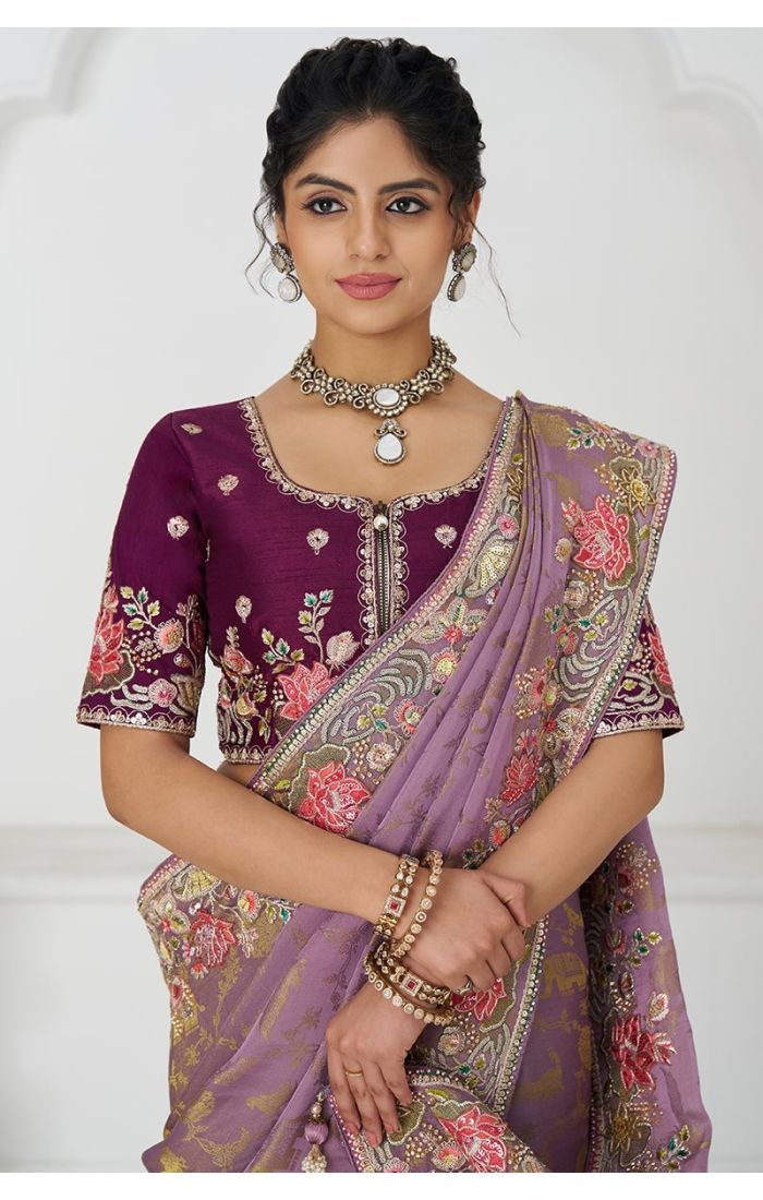 Mauve Silk Saree Floral Embroidered Drape Close-Up