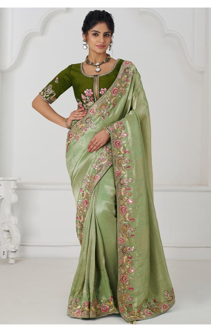 Front View of Mehendi Green Dola Silk Saree with Embroidery