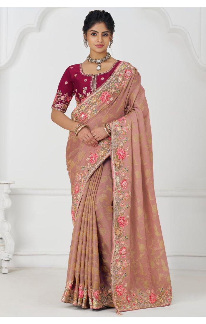 Peach Silk Saree with Sequins and Beads Front View