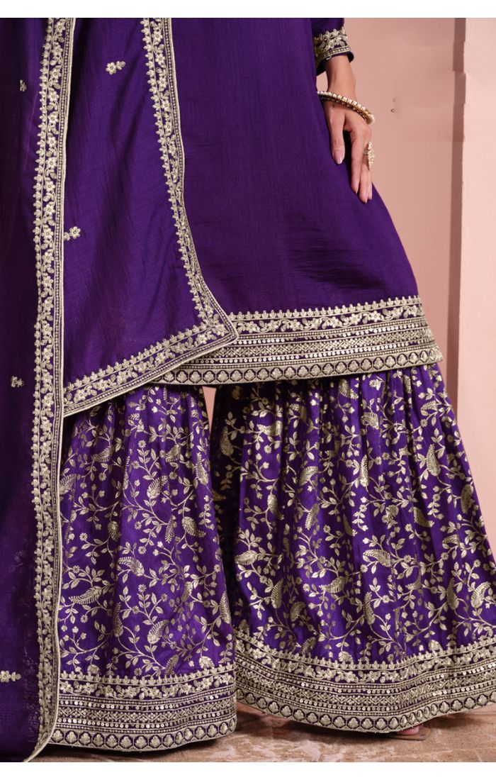 Royal Purple Eid Salwar Kameez with Sharara and Dupatta for Women – Festive & Wedding Wear