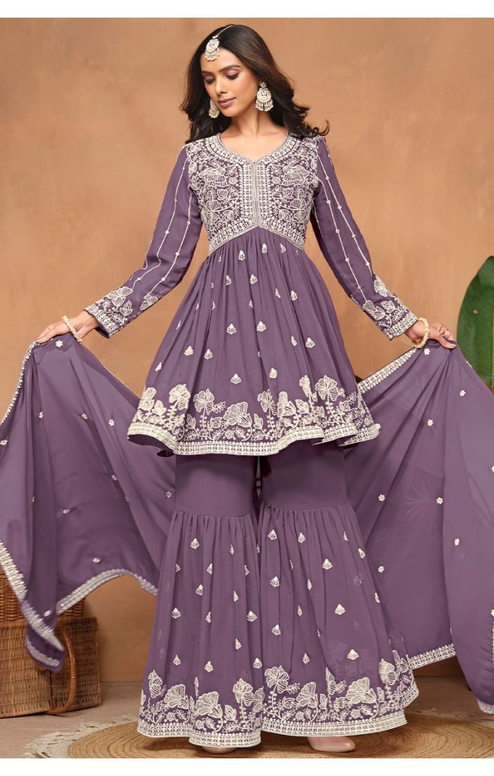 Full outfit with matching purple dupatta and embroidered sharara bottom.