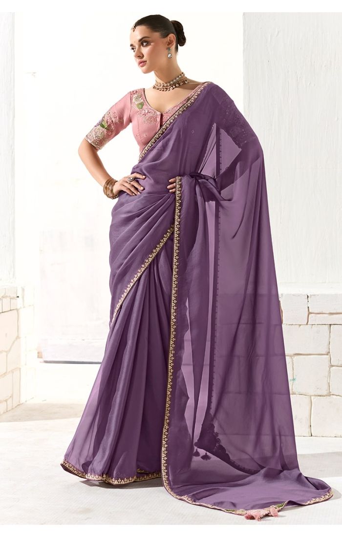 Purple organza silk saree with pink silk embroidered blouse - full front view, elegant party look.