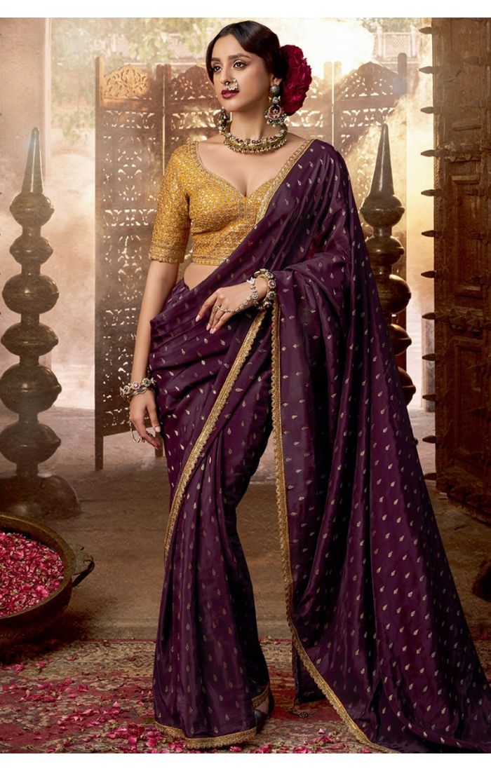 Full front view of purple viscose crepe saree with silk blouse