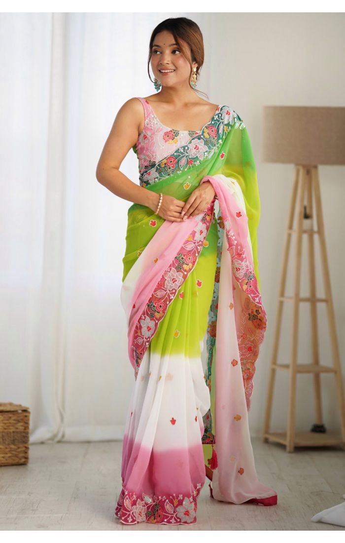 Buy Radiant Lime and Pink Chiffon Saree with Floral Embroidery for festive occasions Online. 