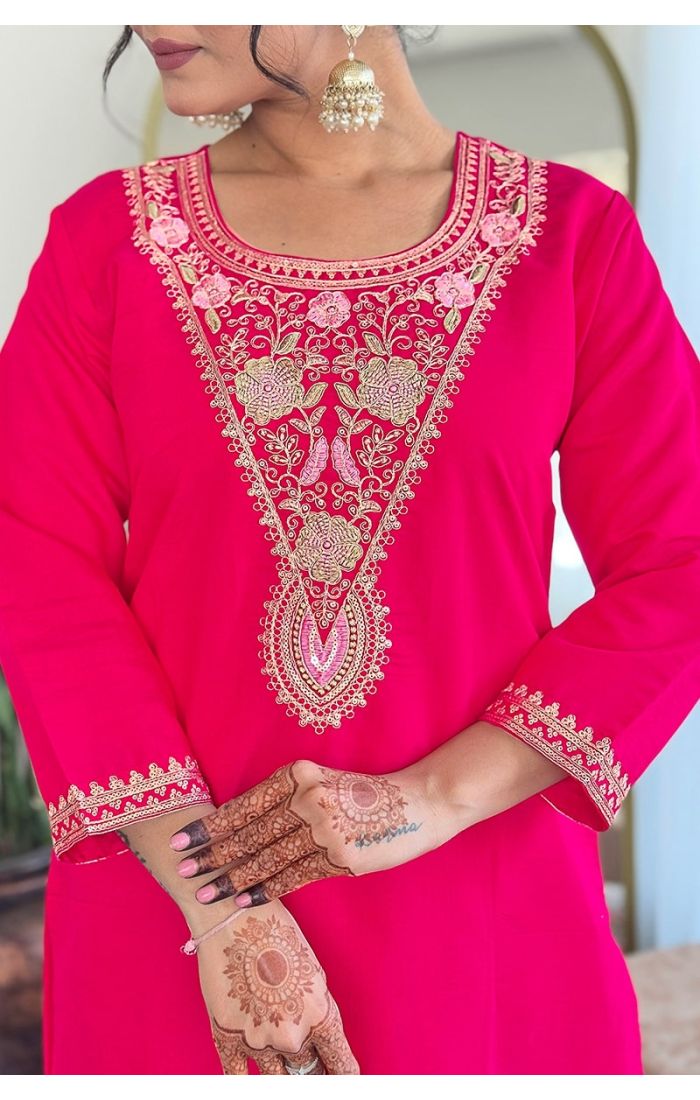 Pink embroidered kurta pant set with organza dupatta for weddings and festive occasions