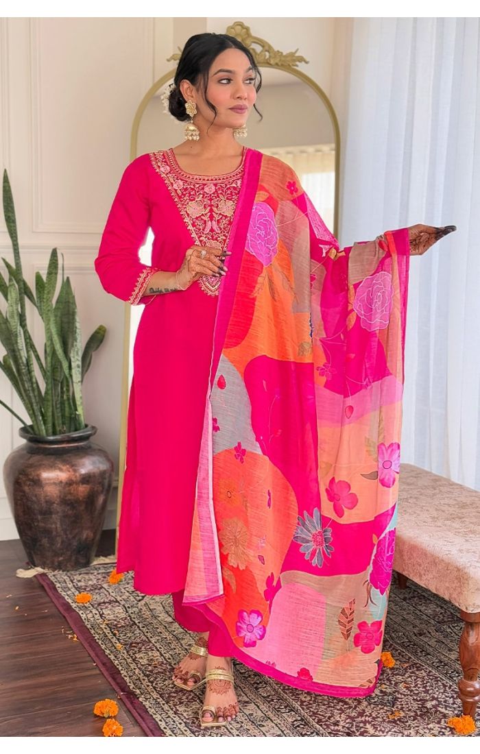 Pink embroidered kurta pant set with organza dupatta for weddings and festive occasions