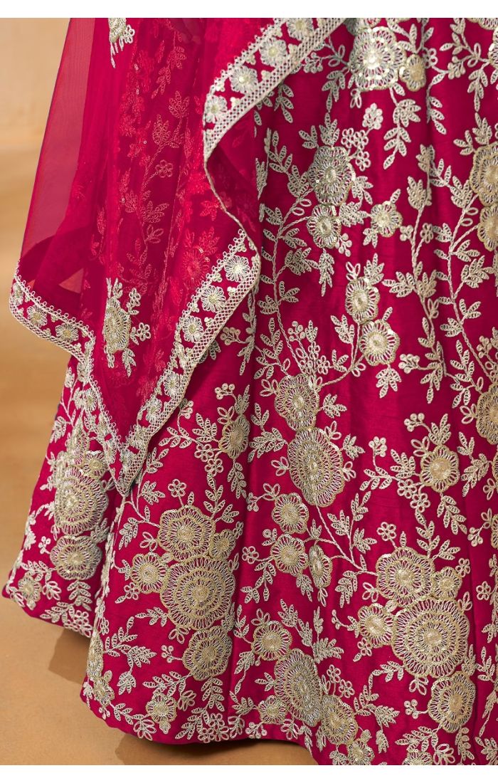 Radiant Ruby Bridal Lehenga Choli with Golden Embroidery – Perfect for Weddings and Festive Occasions.