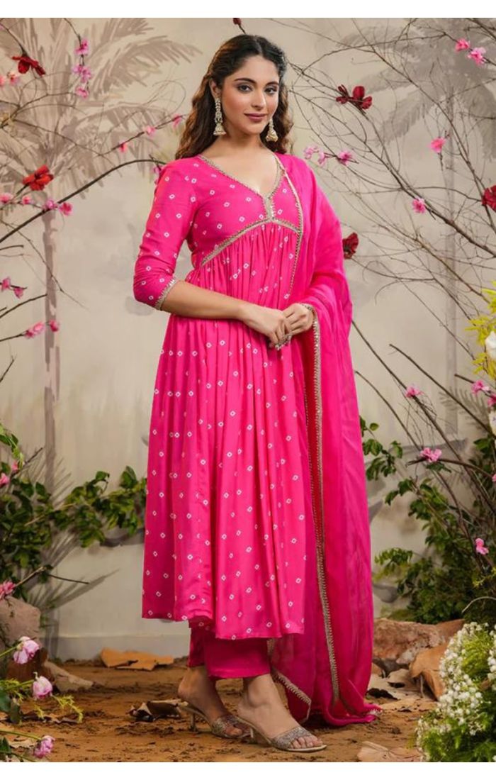 Rani Pink Bandhej Anarkali Kurta Set with Mirror Work and Dupatta – Wedding and Festive Wear for Women