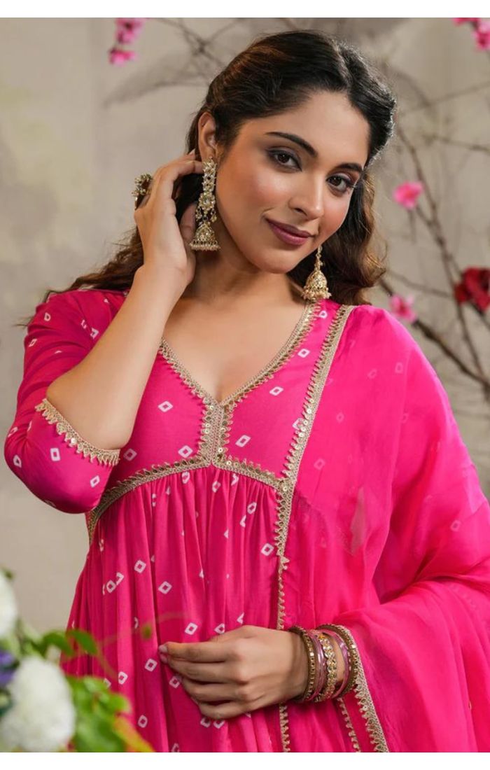 Rani Pink Bandhej Anarkali Kurta Set with Mirror Work and Dupatta – Wedding and Festive Wear for Women