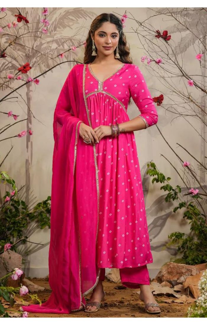 Rani Pink Bandhej Anarkali Kurta Set with Mirror Work and Dupatta – Wedding and Festive Wear for Women