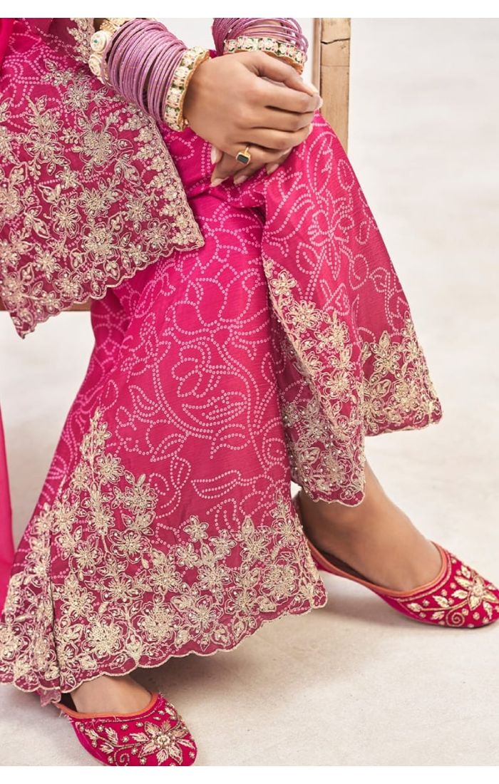 close-up of salwar heavy thread embroidery and digital print on chinon fabric