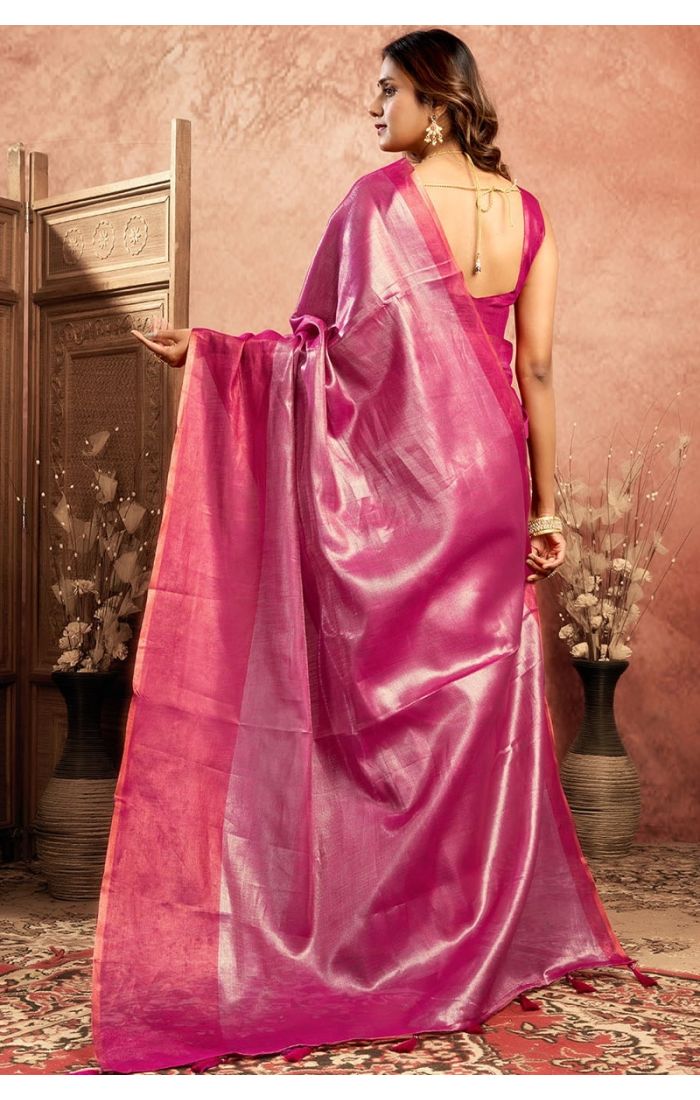 Rani Pink Tissue Saree back view draped on model