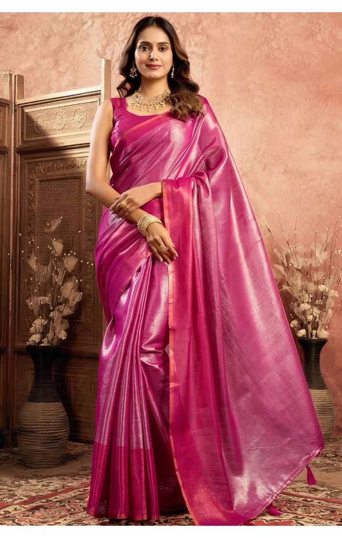Rani Pink Tissue Saree full view draped on model