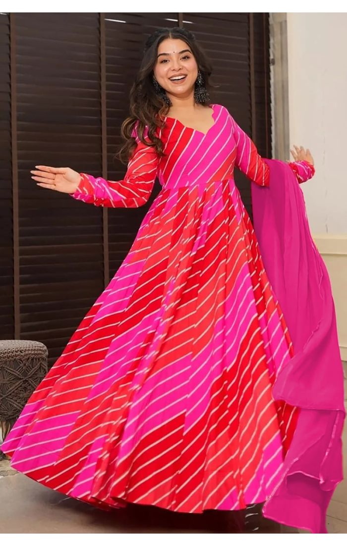 Raspberry Radiance Bandhani Anarkali Set with Dupatta for Weddings and Festive Occasions.