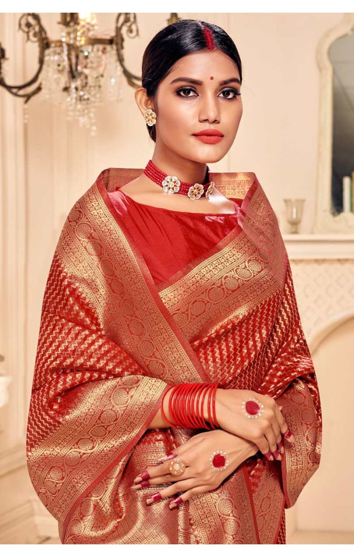 red-banarasi-silk-saree -with-red-blouse-srev2116