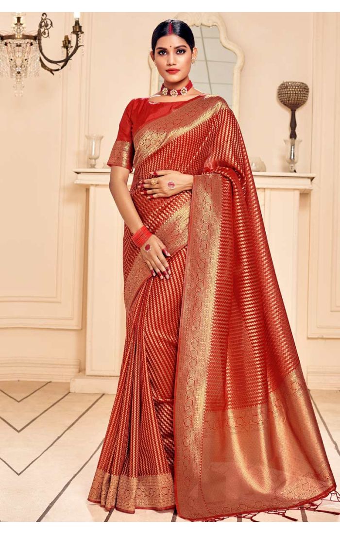 red-banarasi-silk-saree -with-red-blouse-srev2116