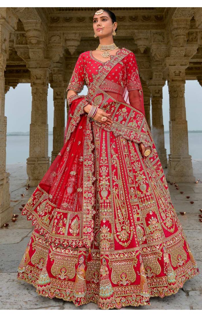 Red Bridal Lehenga with Zardosi Embroidery and Golden Work for Weddings