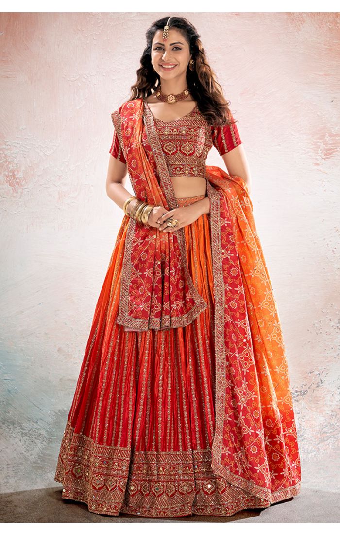 Front view of Red-Orange Silk Navratri Lehenga with short sleeves & square neck – LEHV4137