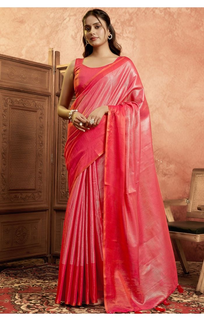 Front drape view of red plain tissue saree on model
