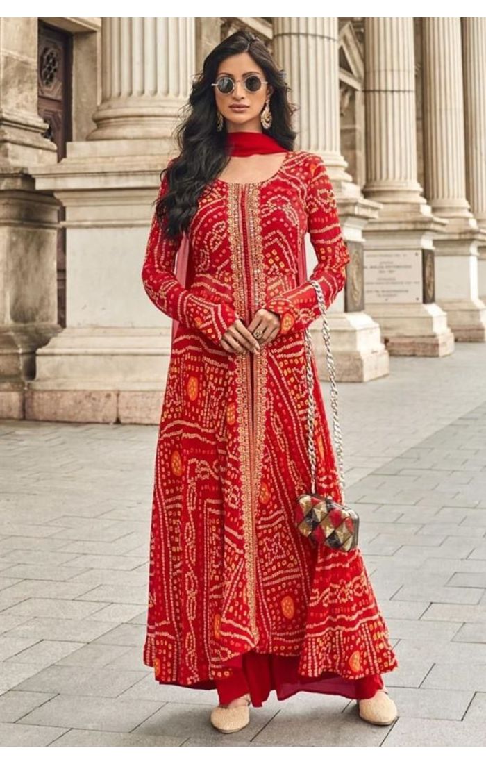 Red Bandhani Roman Silk Palazzo Suit with Dupatta for Wedding & Festive Wear