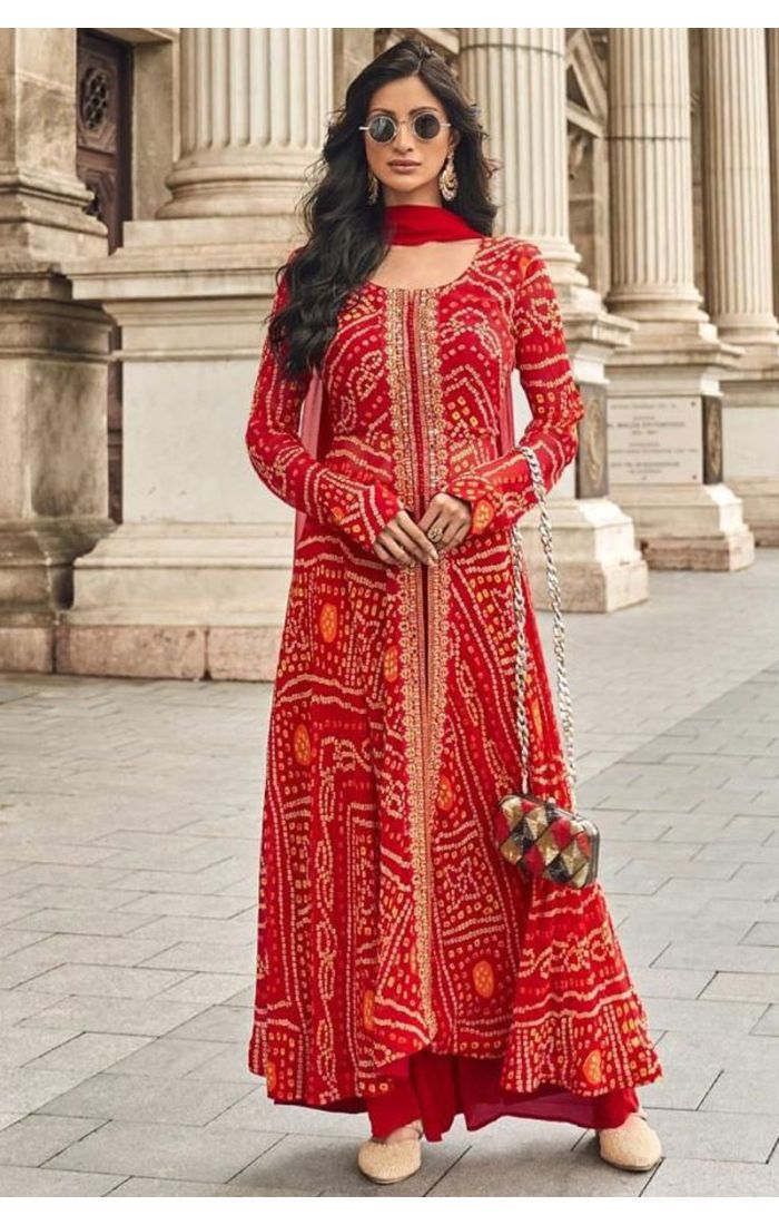  Buy Red Roman Silk Bandhani Palazzo Suit | Festive & Wedding Wear online - SALV5663 | Appelle Fashion 