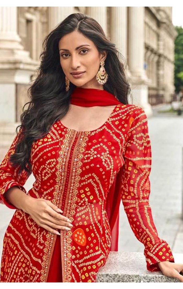  Buy Red Roman Silk Bandhani Palazzo Suit | Festive & Wedding Wear online - SALV5663 | Appelle Fashion 