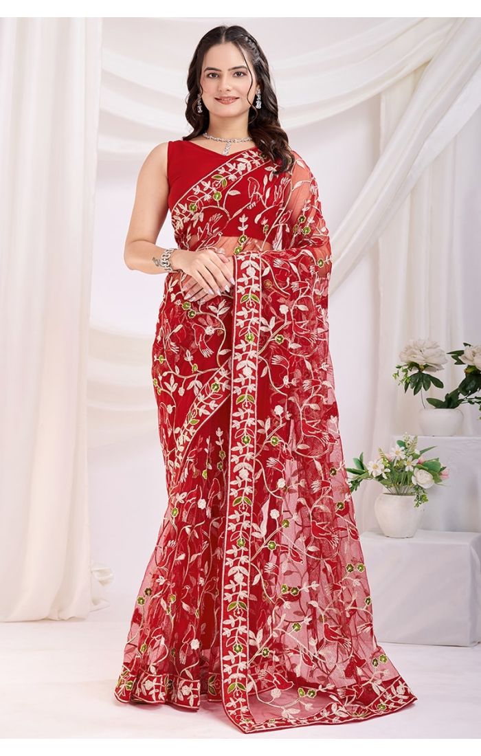 Red Soft Net Saree with Designer Thread Embroidery – Front Look for Festive Wear in USA, UK, Canada