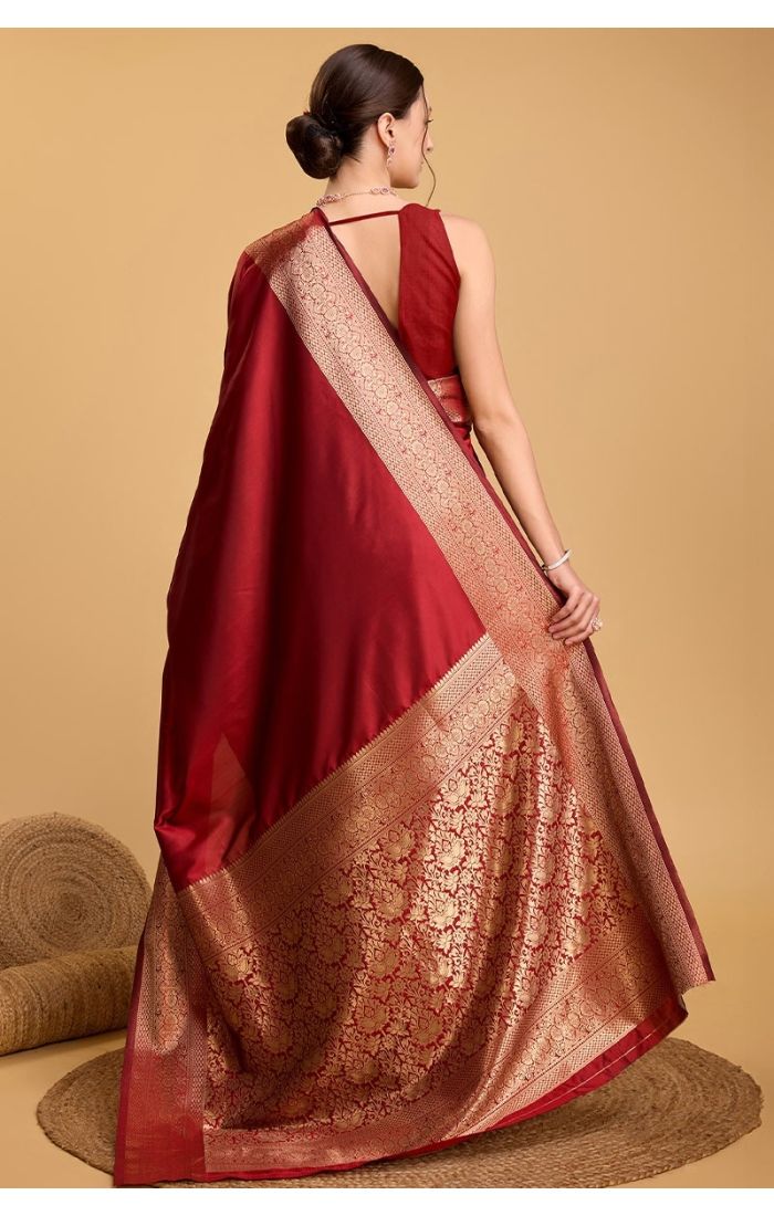 Red Banarasi Soft Silk Saree with Golden Weaving for Wedding & Festive Wear