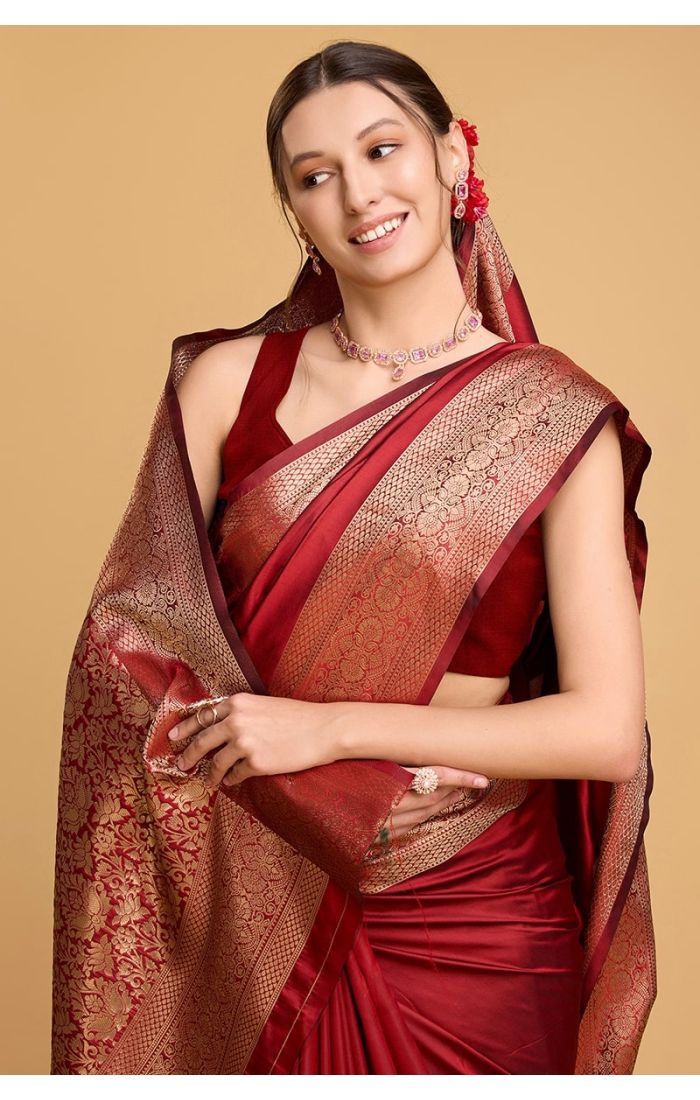 Red Banarasi Soft Silk Saree with Golden Weaving for Wedding & Festive Wear