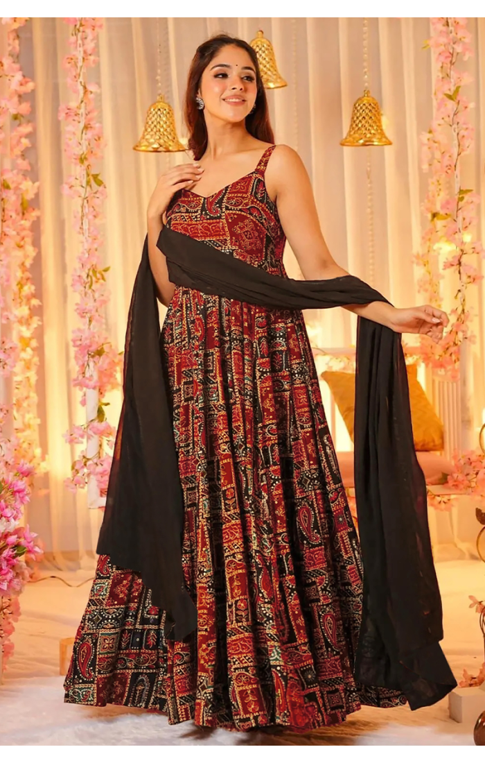 Regal Heritage Block Print Anarkali Gown with Dupatta for Wedding and Festive Wear