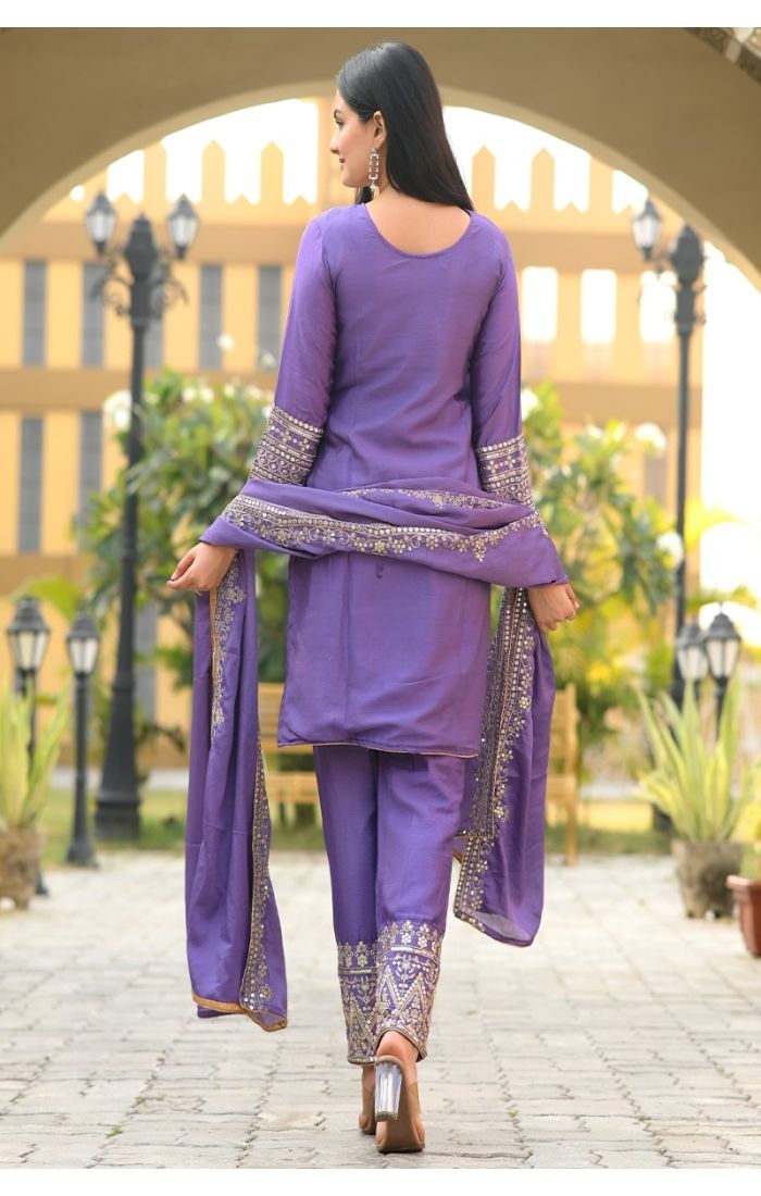 Lavender embroidered Chinon suit set for women, featuring intricate golden zari work with a dupatta – perfect for weddings and festive occasions.