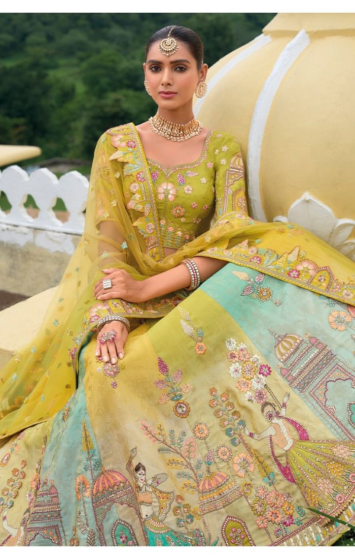 A luxurious lime green and gold Banarasi bridal lehenga with hand embroidery, perfect for Indian weddings and festive occasions.