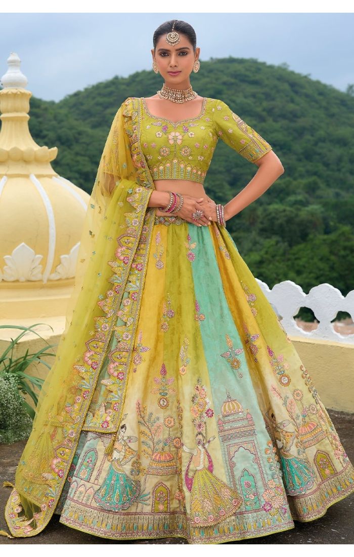 A luxurious lime green and gold Banarasi bridal lehenga with hand embroidery, perfect for Indian weddings and festive occasions.