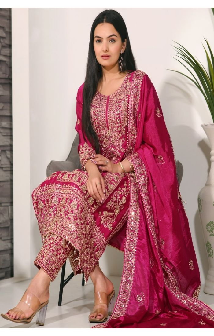 Magenta Embroidered Kurta Pant Suit with Dupatta for Weddings & Festivals