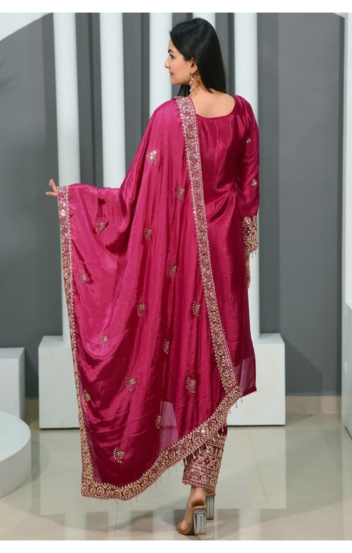 Magenta Embroidered Kurta Pant Suit with Dupatta for Weddings & Festivals