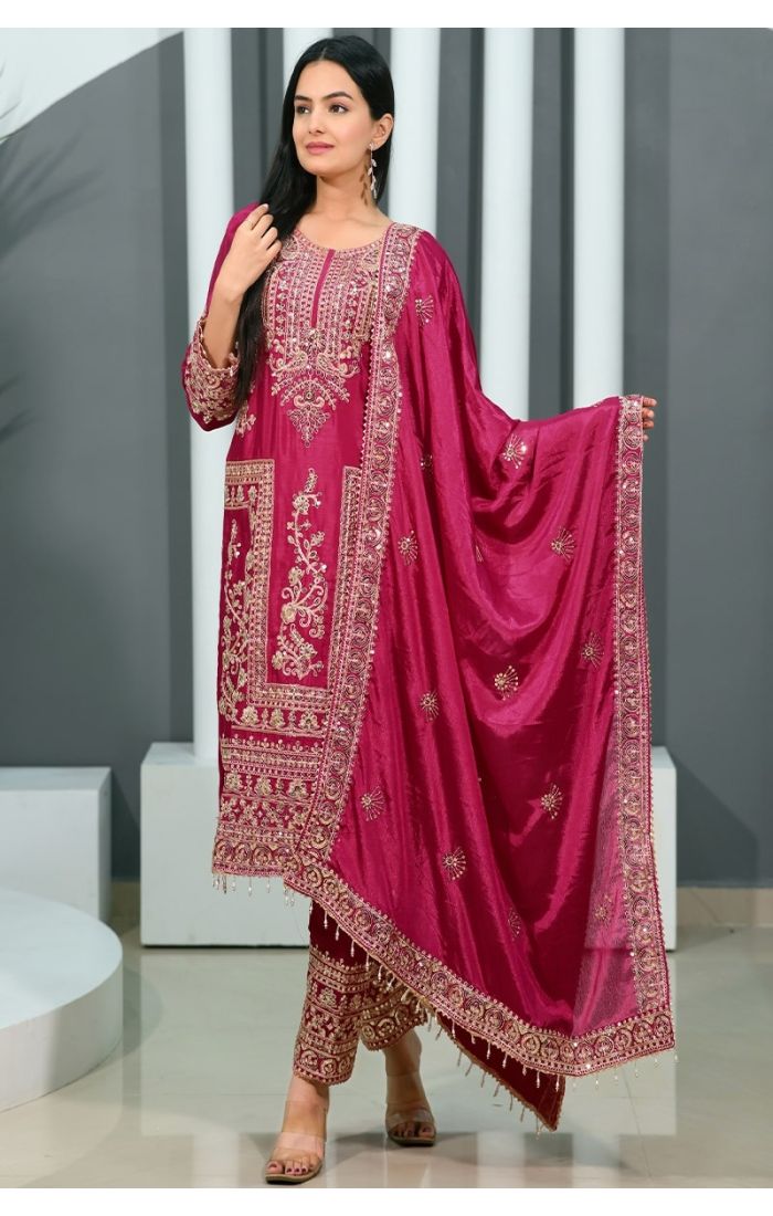 Magenta Embroidered Kurta Pant Suit with Dupatta for Weddings & Festivals