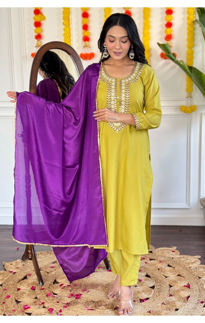 Mustard gold silk embroidered kurta pant set with royal purple dupatta – festive & wedding wear for women.