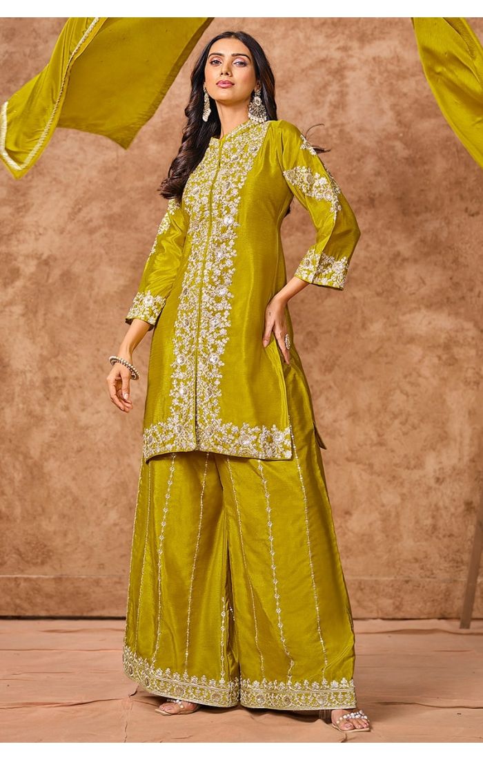 Regal Olive Green Embroidered Salwar Kameez with Palazzo & Dupatta - Perfect for Weddings, Festivals & Special Occasions.