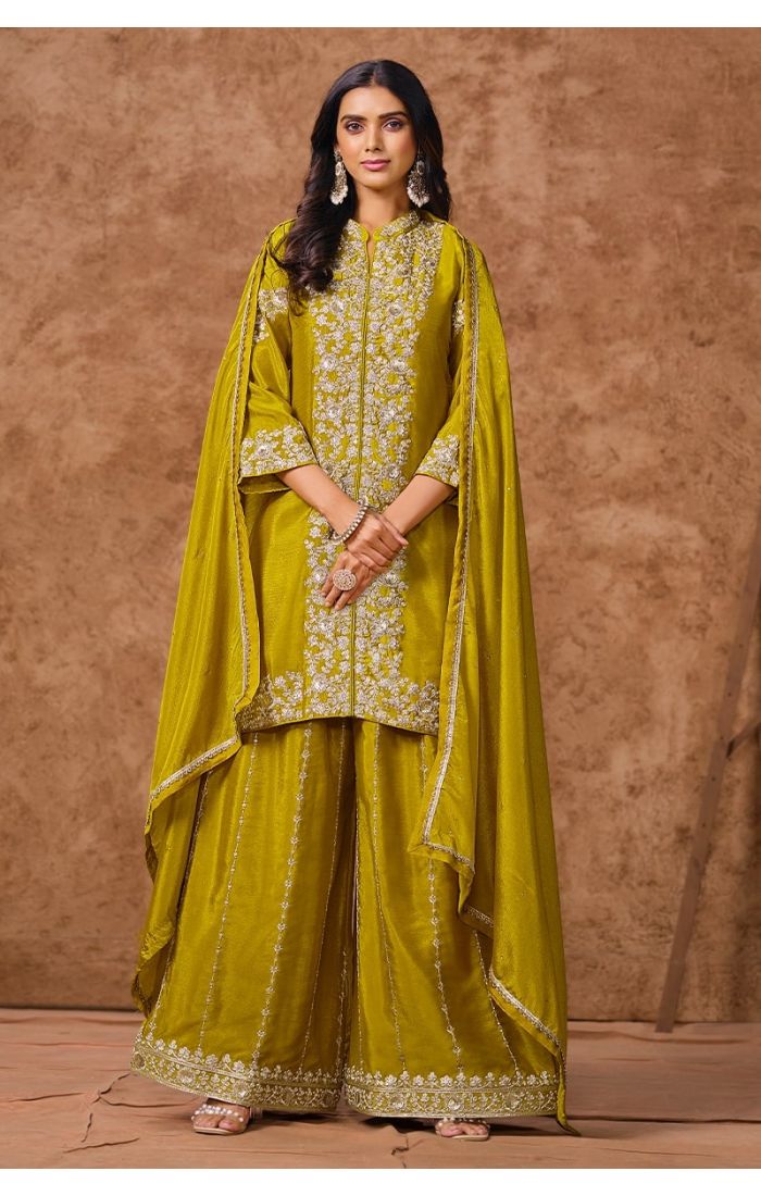 Regal Olive Green Embroidered Salwar Kameez with Palazzo & Dupatta - Perfect for Weddings, Festivals & Special Occasions.