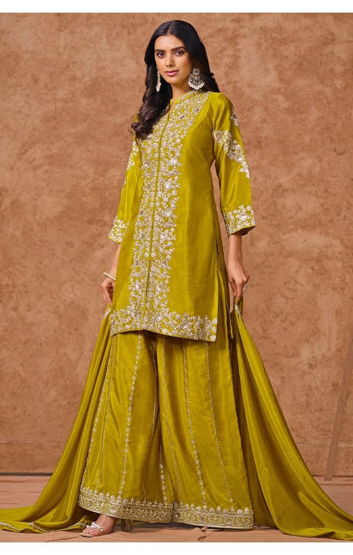 Regal Olive Green Embroidered Salwar Kameez with Palazzo & Dupatta - Perfect for Weddings, Festivals & Special Occasions.