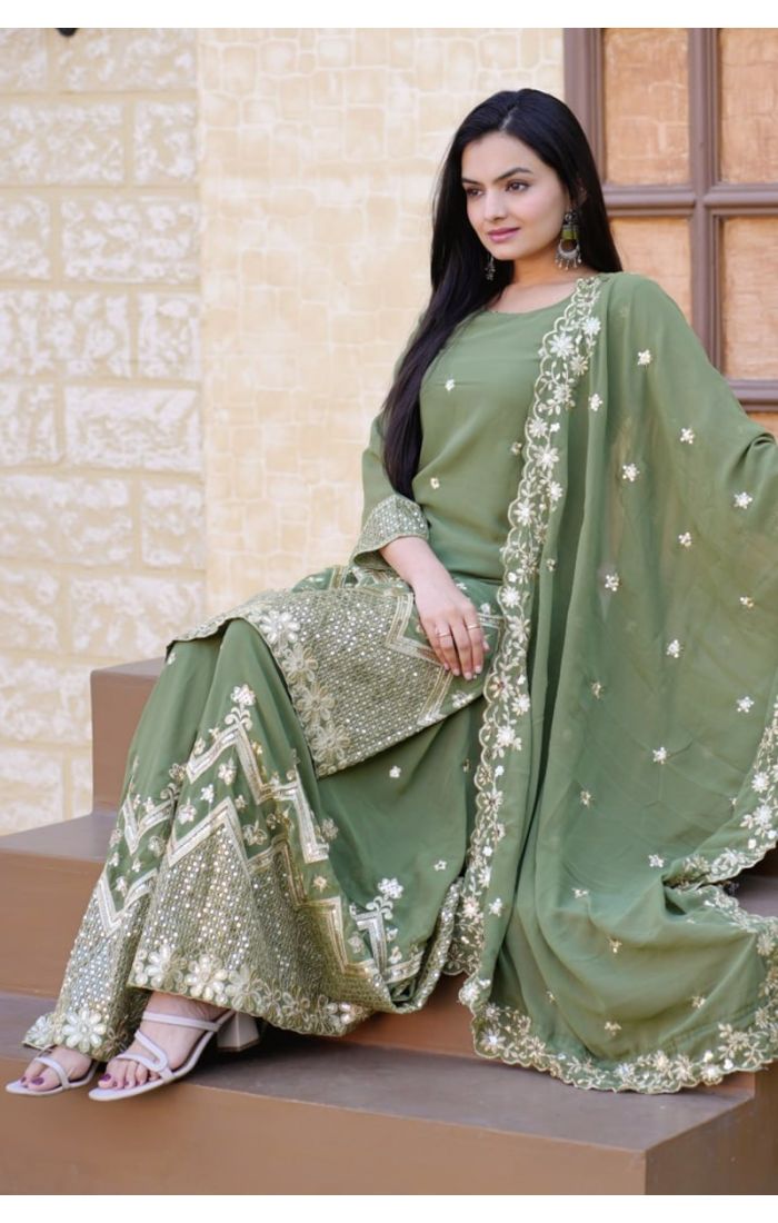 Olive Green Embroidered Sharara Suit with Dupatta – Wedding & Festive Ethnic Wear