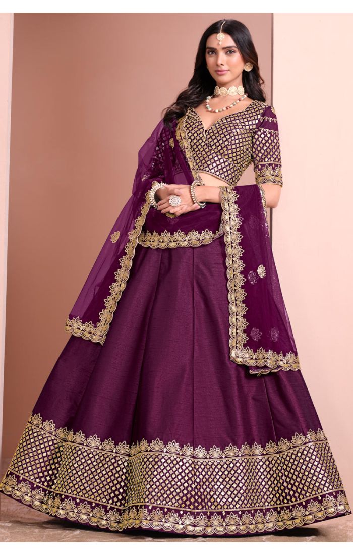 Elegant Plum Zari Embroidered Lehenga Choli with V-Neck Blouse for Weddings and Festivals